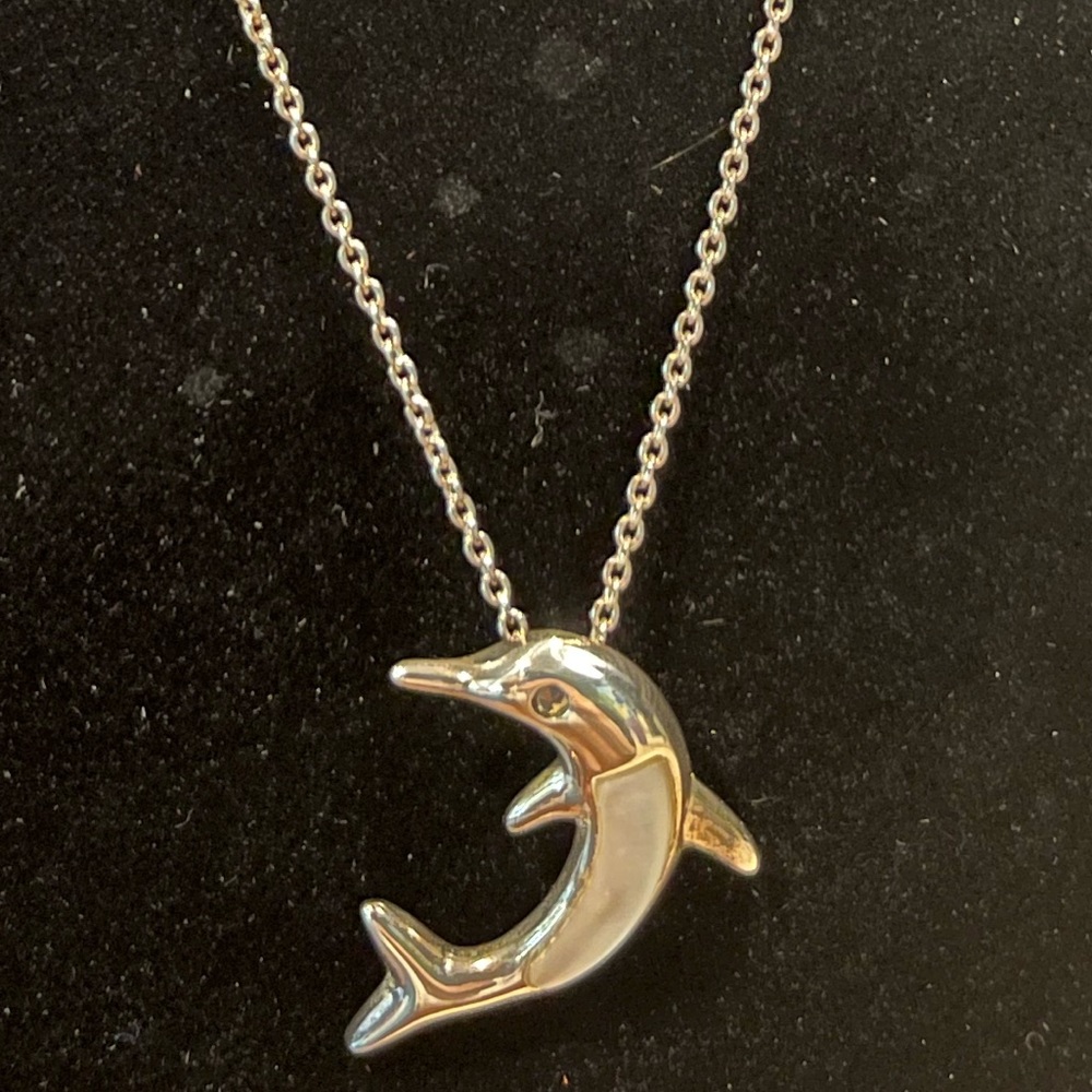 Sterling silver and white inlay pearl 18” dolphin necklace